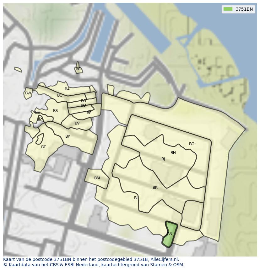 Afbeelding van het postcodegebied 3751 BN op de kaart.