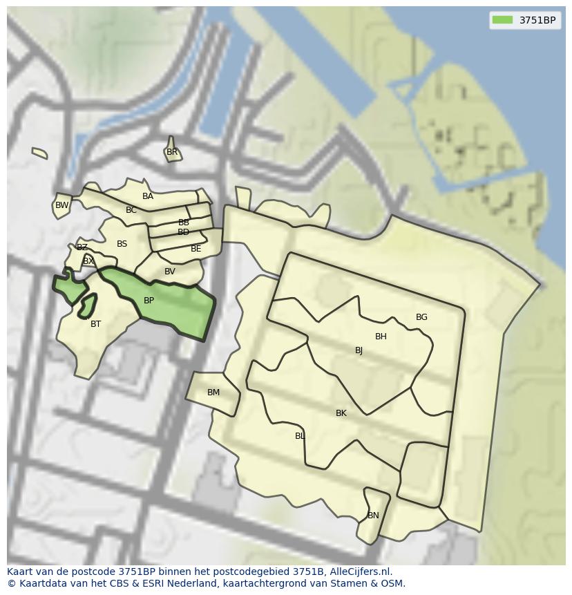 Afbeelding van het postcodegebied 3751 BP op de kaart.