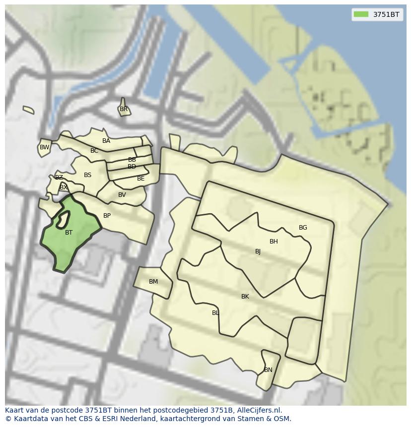 Afbeelding van het postcodegebied 3751 BT op de kaart.