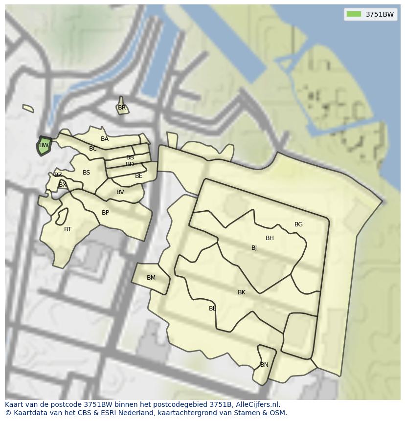 Afbeelding van het postcodegebied 3751 BW op de kaart.