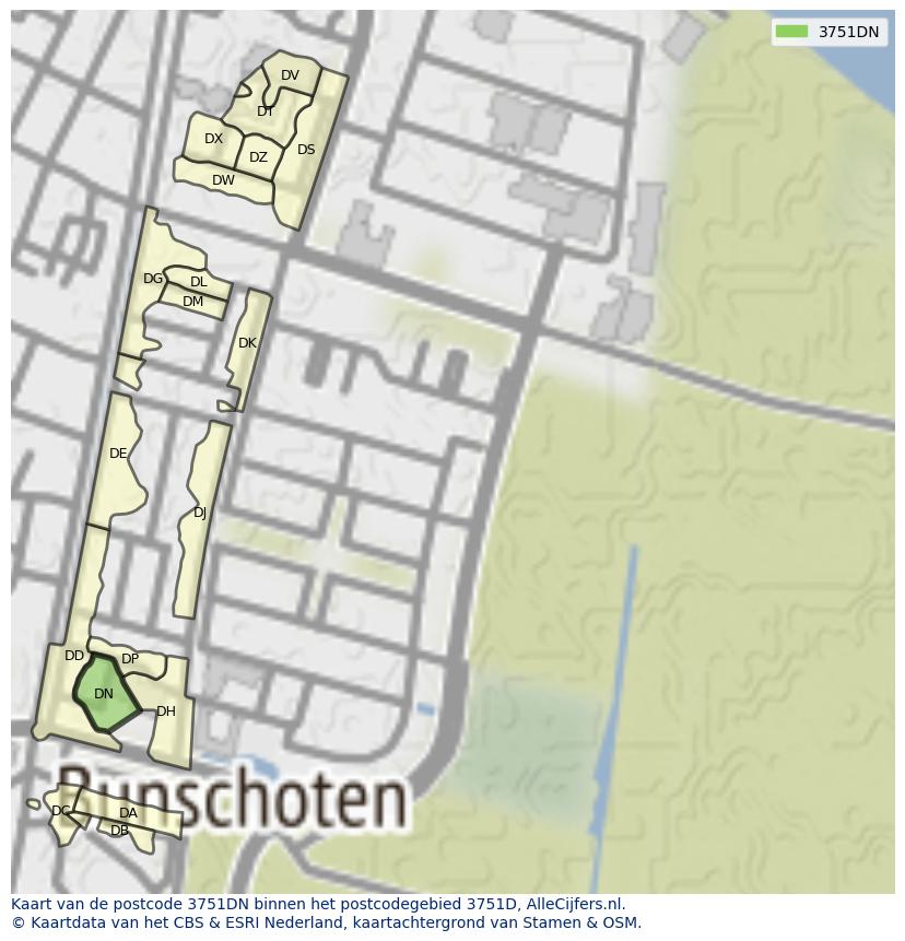 Afbeelding van het postcodegebied 3751 DN op de kaart.
