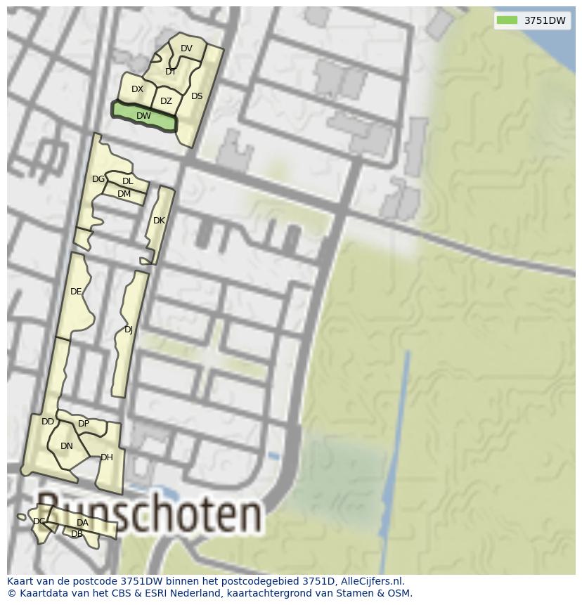 Afbeelding van het postcodegebied 3751 DW op de kaart.