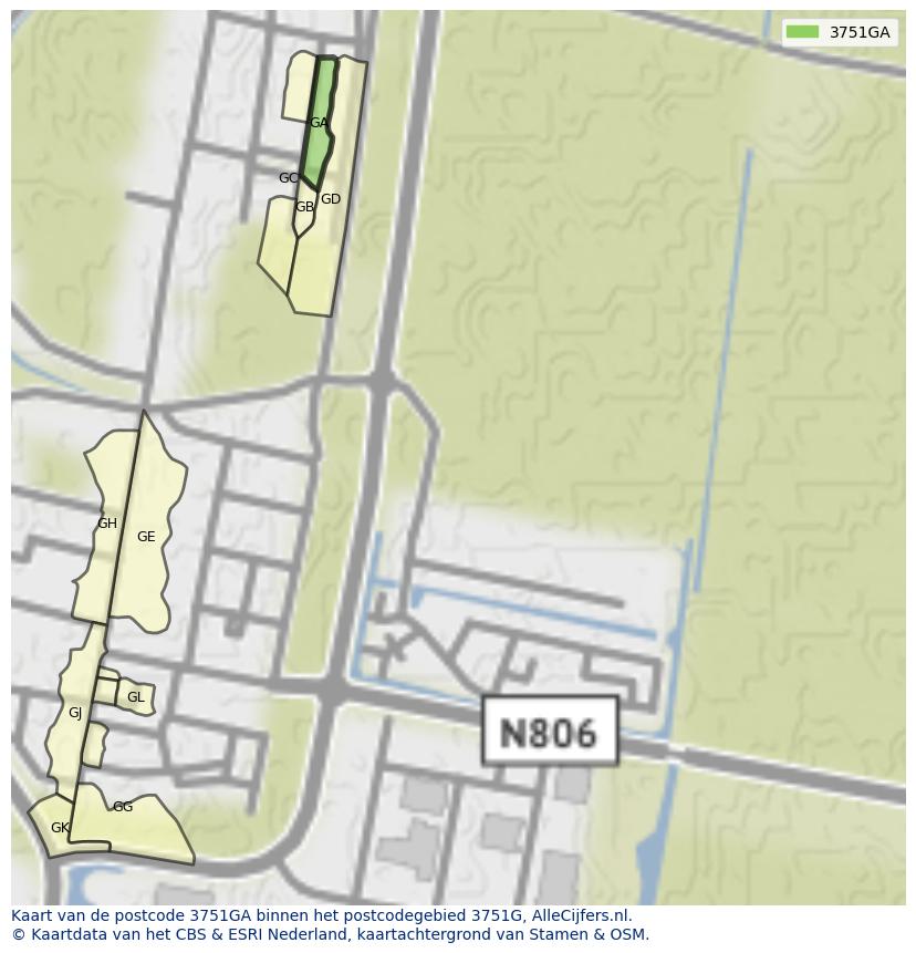 Afbeelding van het postcodegebied 3751 GA op de kaart.