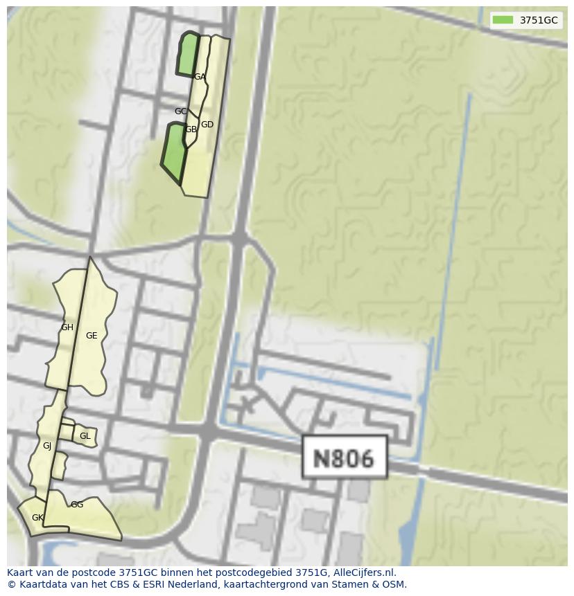 Afbeelding van het postcodegebied 3751 GC op de kaart.