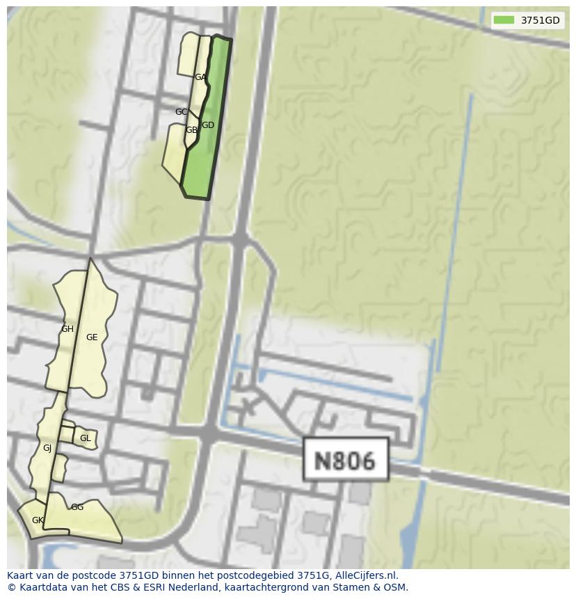 Afbeelding van het postcodegebied 3751 GD op de kaart.