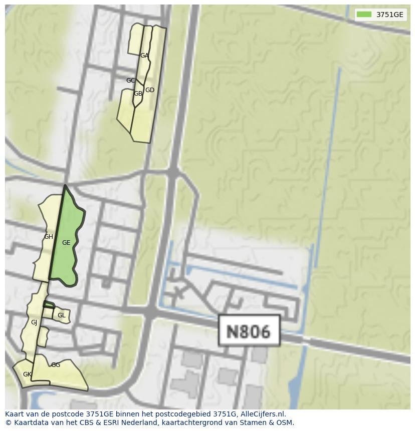 Afbeelding van het postcodegebied 3751 GE op de kaart.