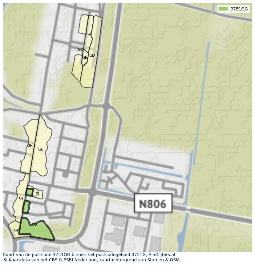 Afbeelding van het postcodegebied 3751 GG op de kaart.