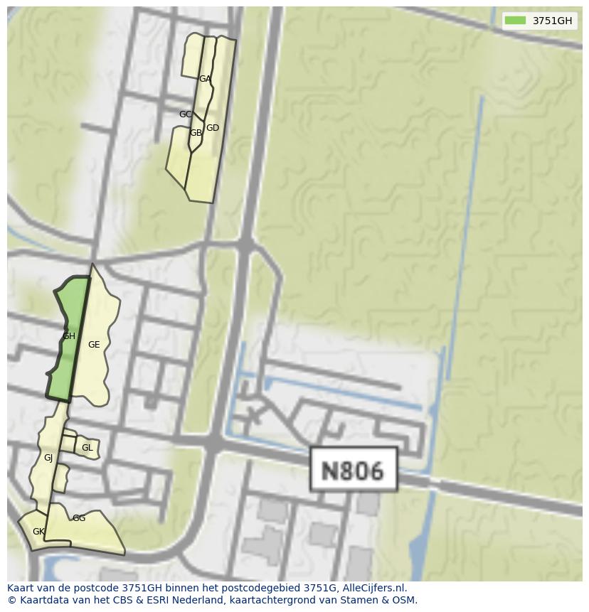 Afbeelding van het postcodegebied 3751 GH op de kaart.