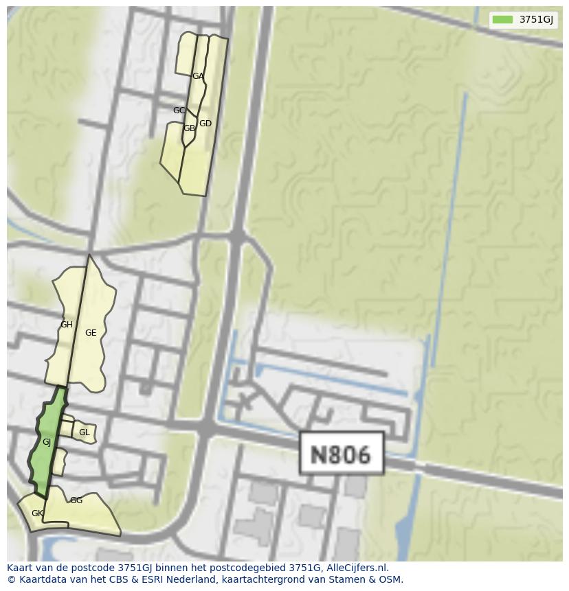 Afbeelding van het postcodegebied 3751 GJ op de kaart.