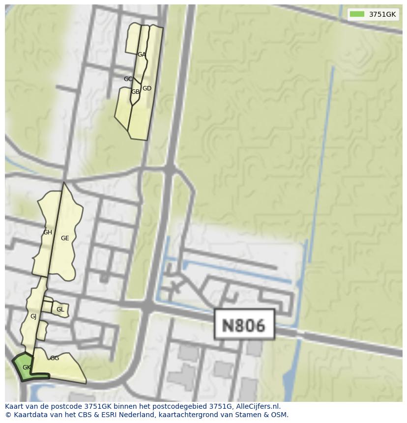 Afbeelding van het postcodegebied 3751 GK op de kaart.