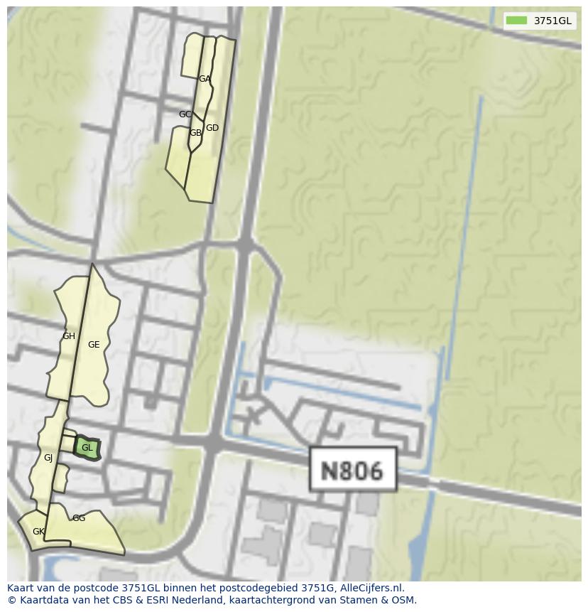Afbeelding van het postcodegebied 3751 GL op de kaart.