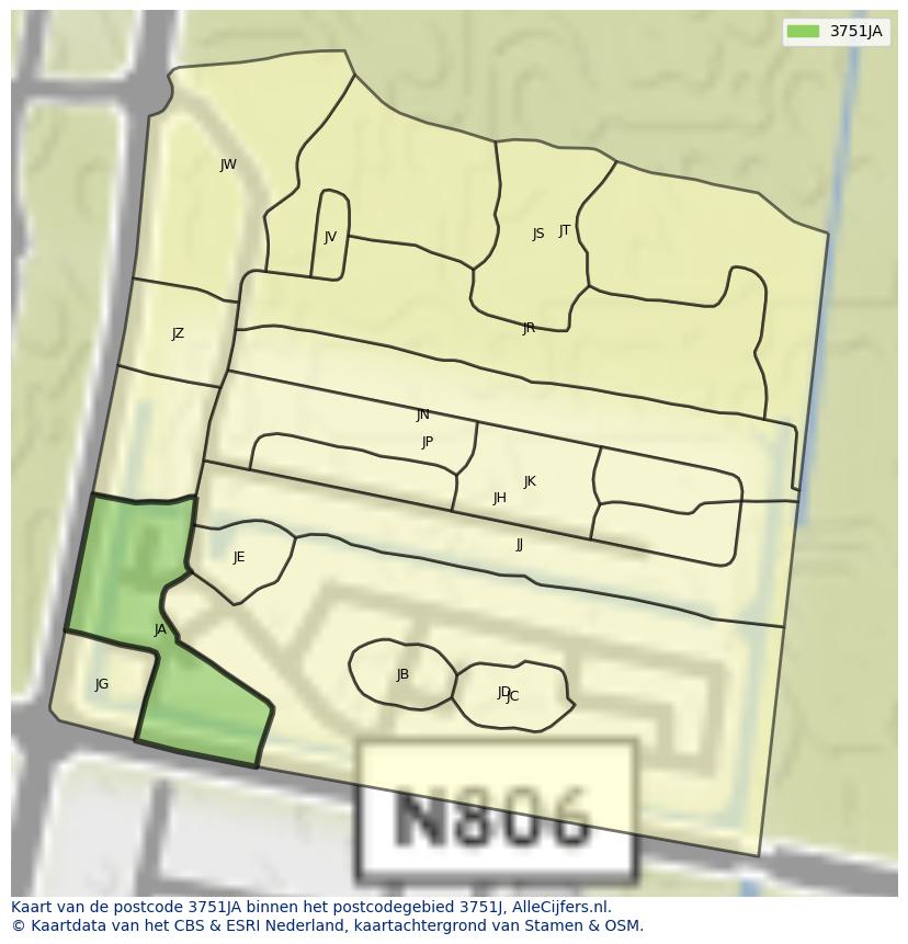 Afbeelding van het postcodegebied 3751 JA op de kaart.
