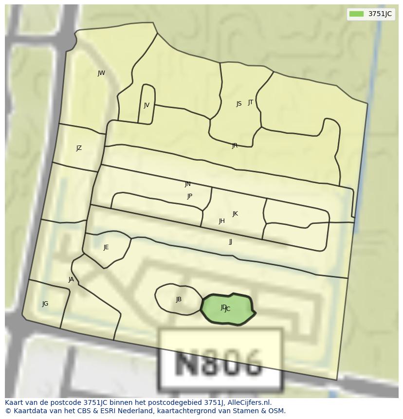 Afbeelding van het postcodegebied 3751 JC op de kaart.