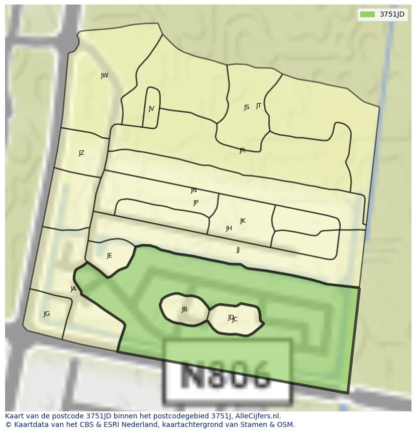 Afbeelding van het postcodegebied 3751 JD op de kaart.