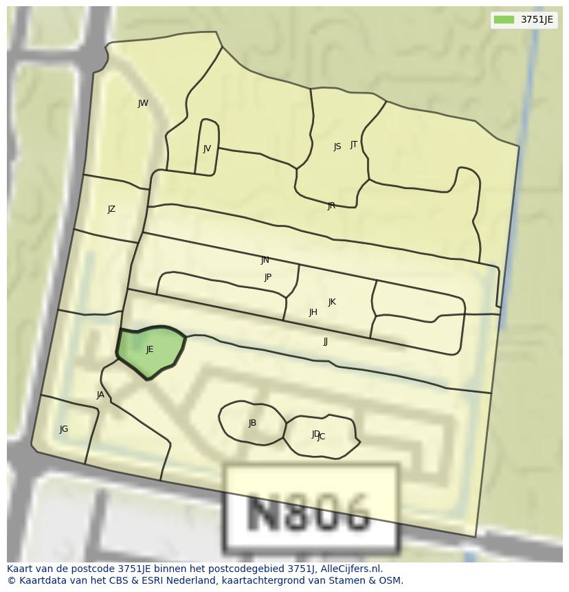 Afbeelding van het postcodegebied 3751 JE op de kaart.