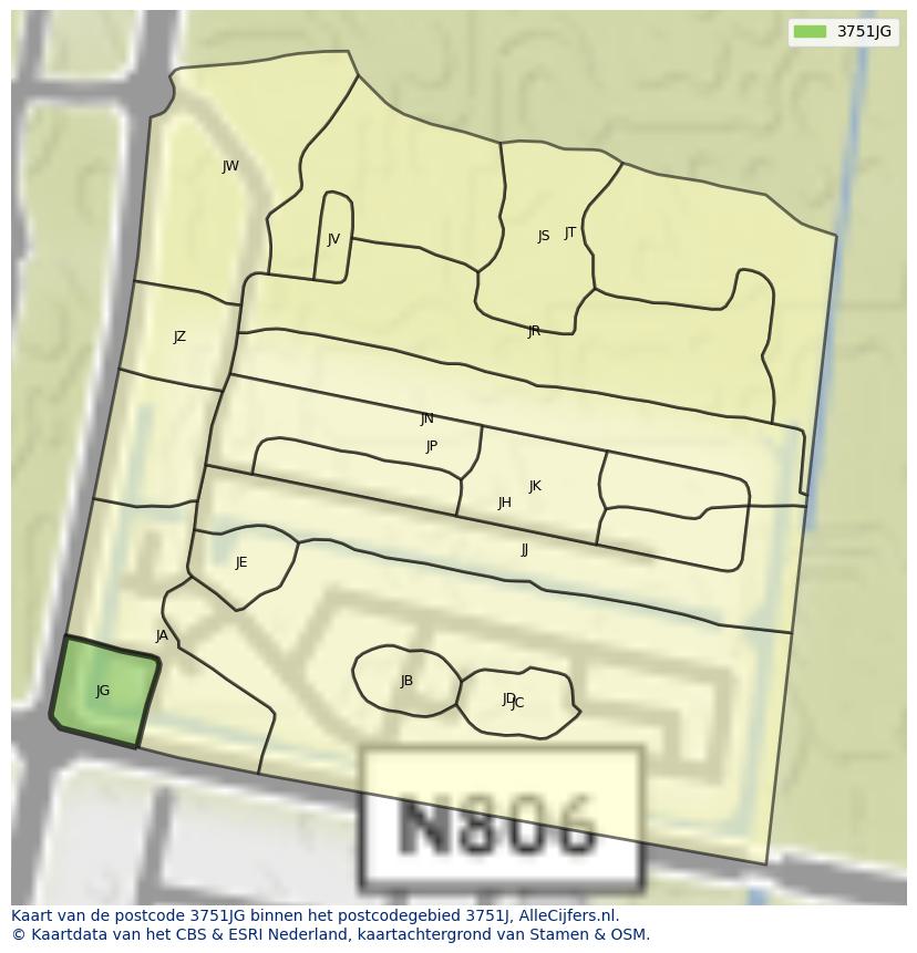 Afbeelding van het postcodegebied 3751 JG op de kaart.