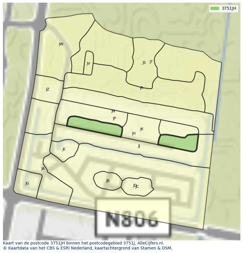 Afbeelding van het postcodegebied 3751 JH op de kaart.