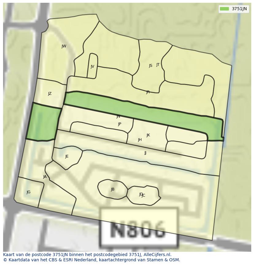 Afbeelding van het postcodegebied 3751 JN op de kaart.