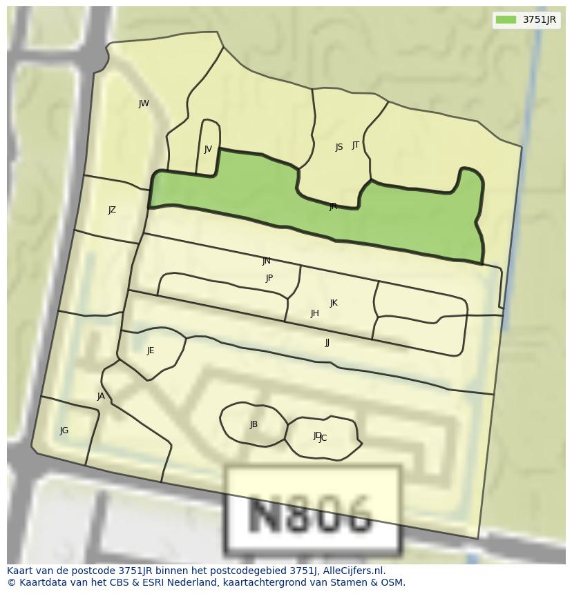 Afbeelding van het postcodegebied 3751 JR op de kaart.