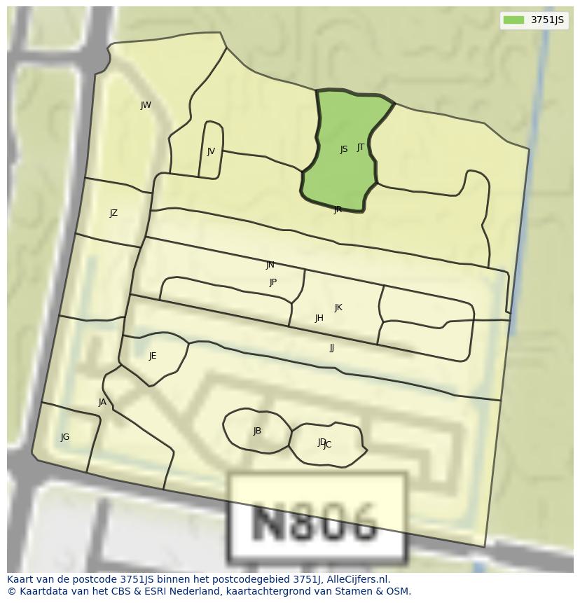 Afbeelding van het postcodegebied 3751 JS op de kaart.