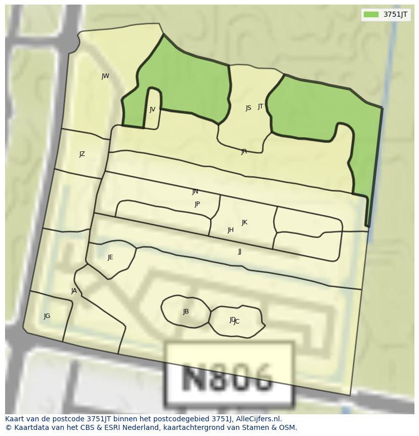 Afbeelding van het postcodegebied 3751 JT op de kaart.