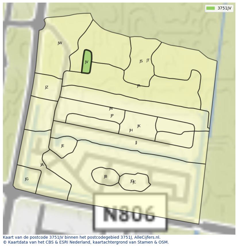 Afbeelding van het postcodegebied 3751 JV op de kaart.