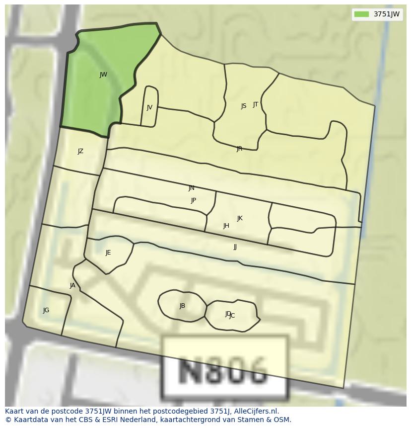 Afbeelding van het postcodegebied 3751 JW op de kaart.