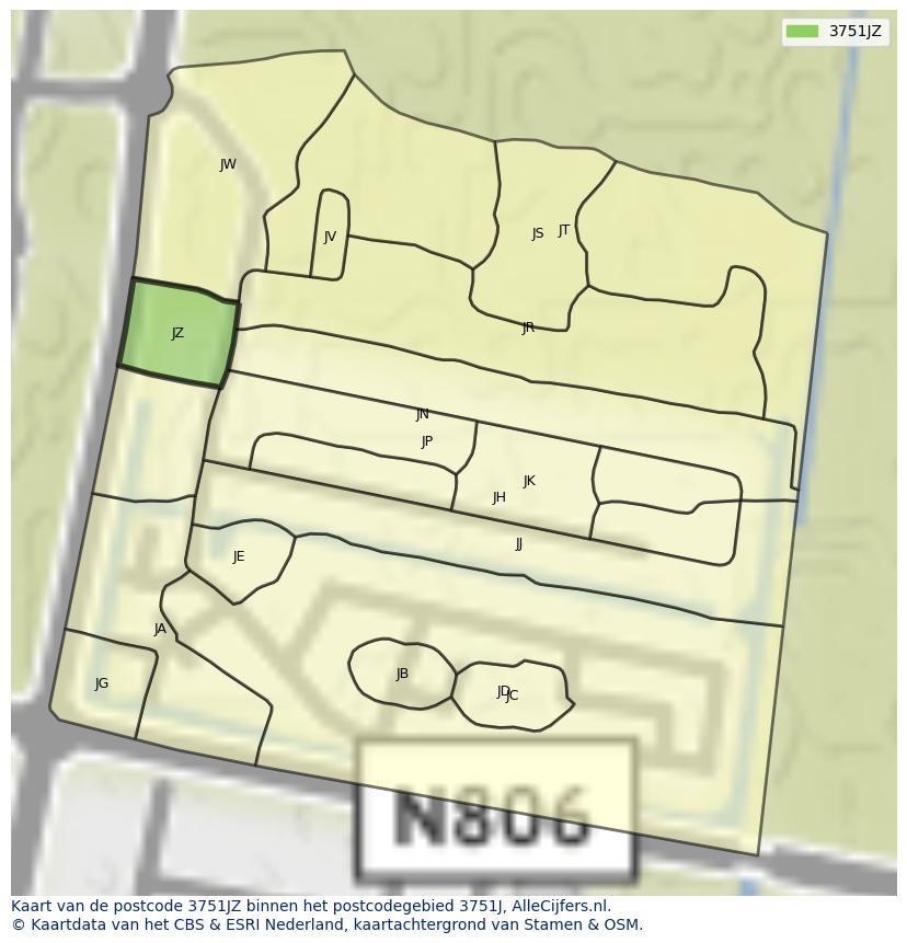 Afbeelding van het postcodegebied 3751 JZ op de kaart.