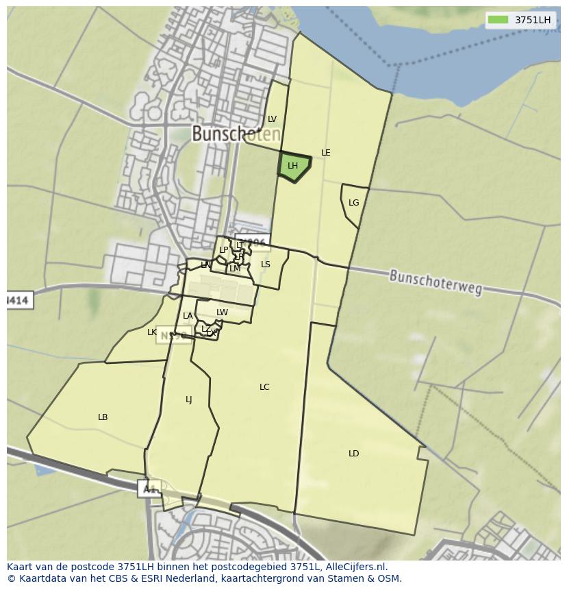 Afbeelding van het postcodegebied 3751 LH op de kaart.