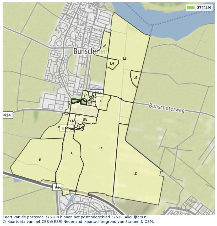 Afbeelding van het postcodegebied 3751 LN op de kaart.