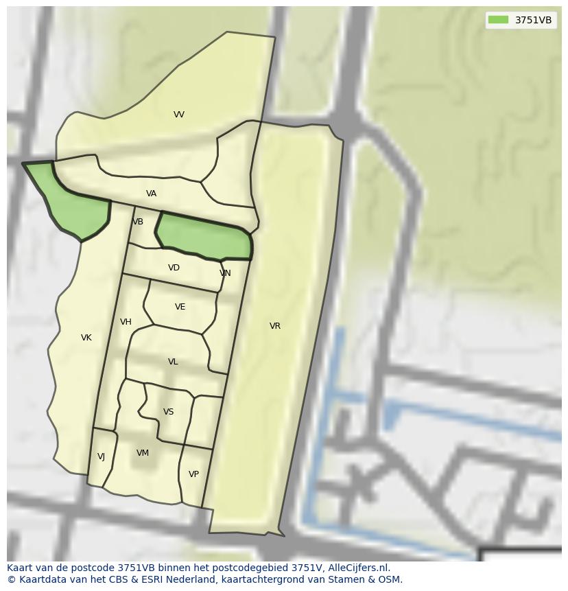 Afbeelding van het postcodegebied 3751 VB op de kaart.