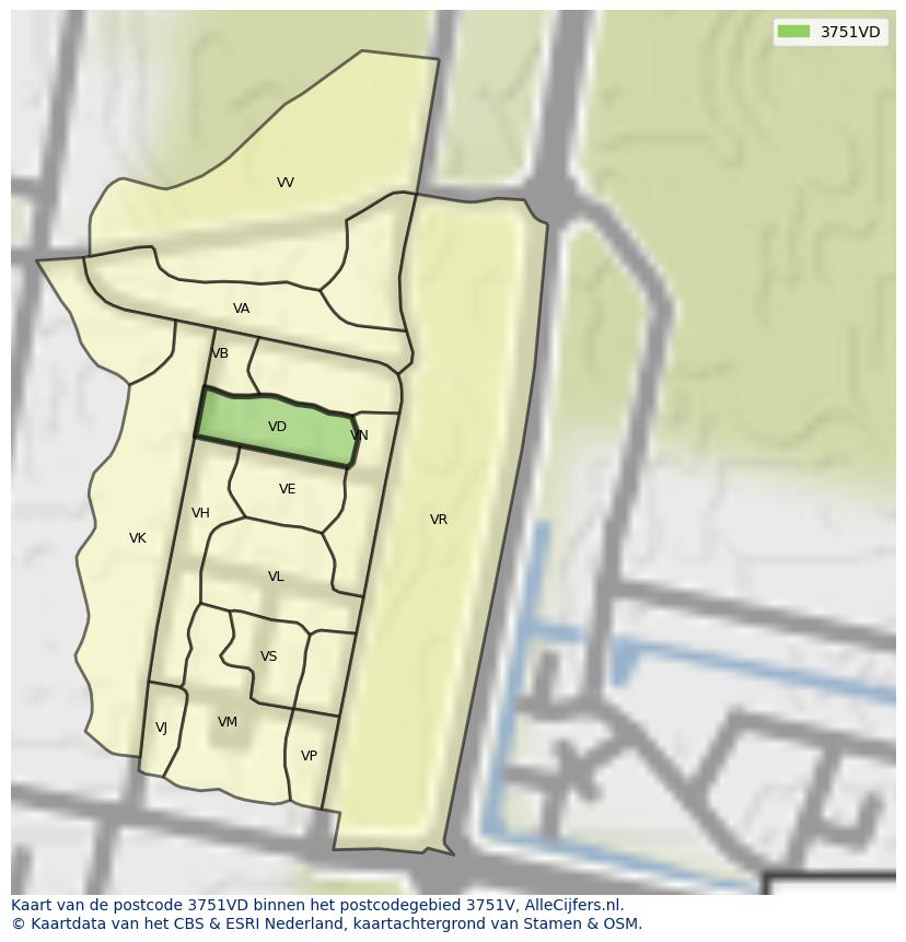 Afbeelding van het postcodegebied 3751 VD op de kaart.