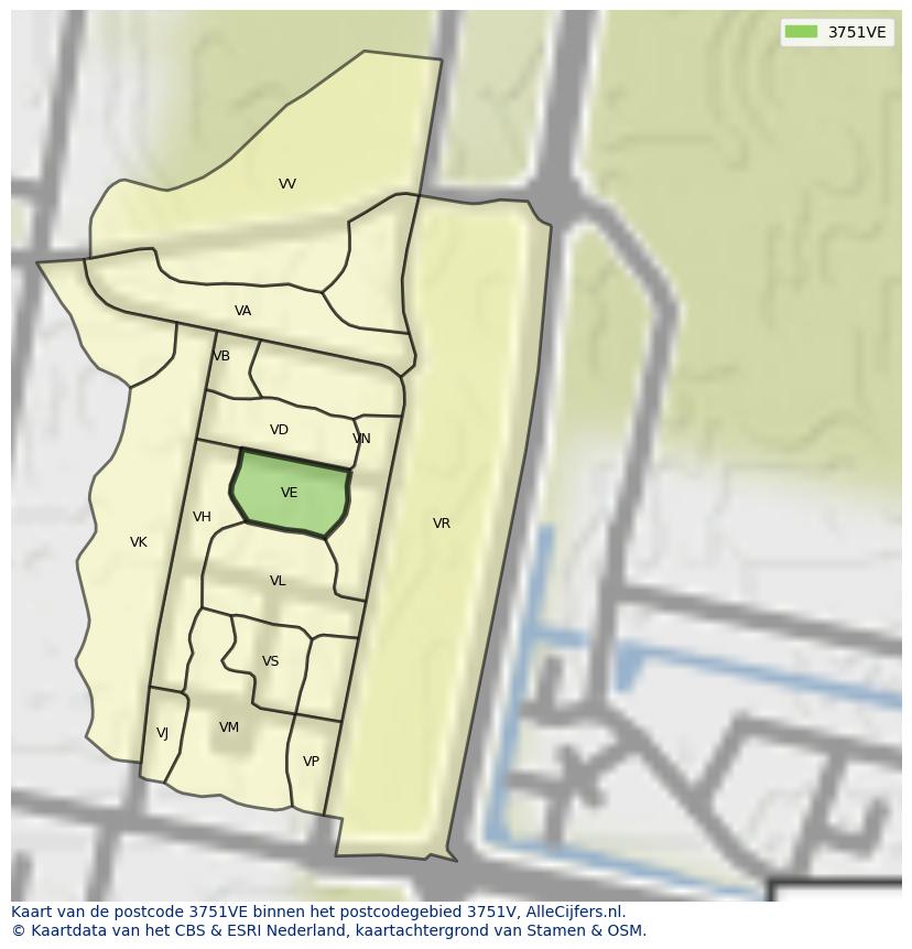 Afbeelding van het postcodegebied 3751 VE op de kaart.