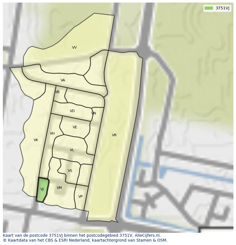 Afbeelding van het postcodegebied 3751 VJ op de kaart.