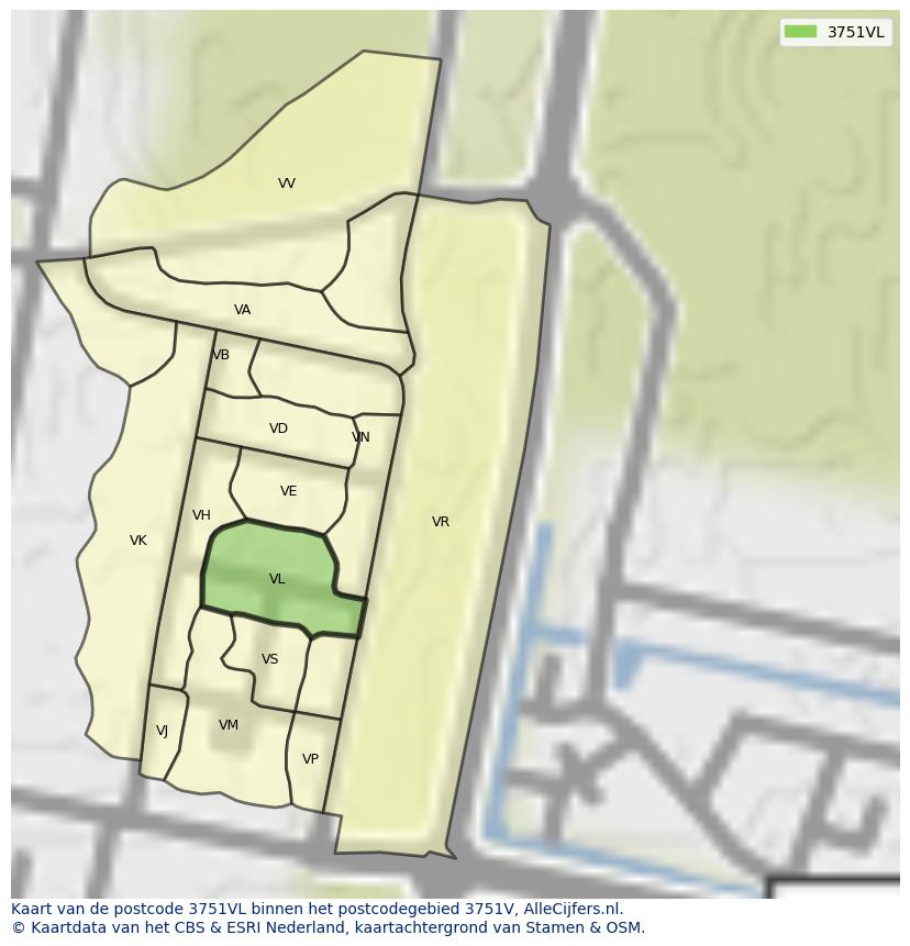 Afbeelding van het postcodegebied 3751 VL op de kaart.