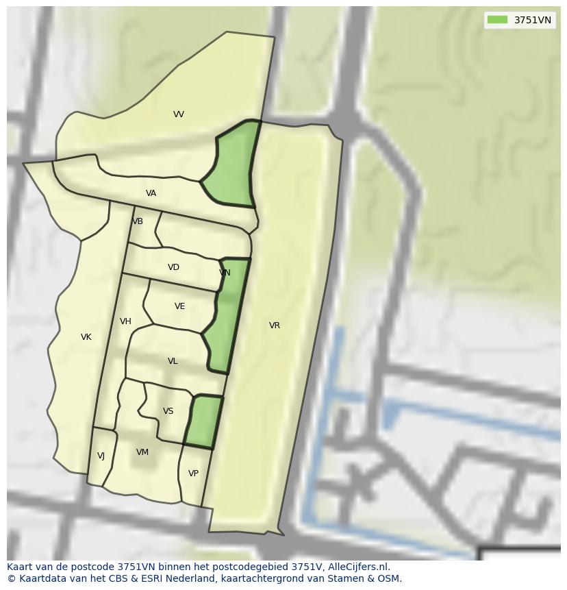 Afbeelding van het postcodegebied 3751 VN op de kaart.