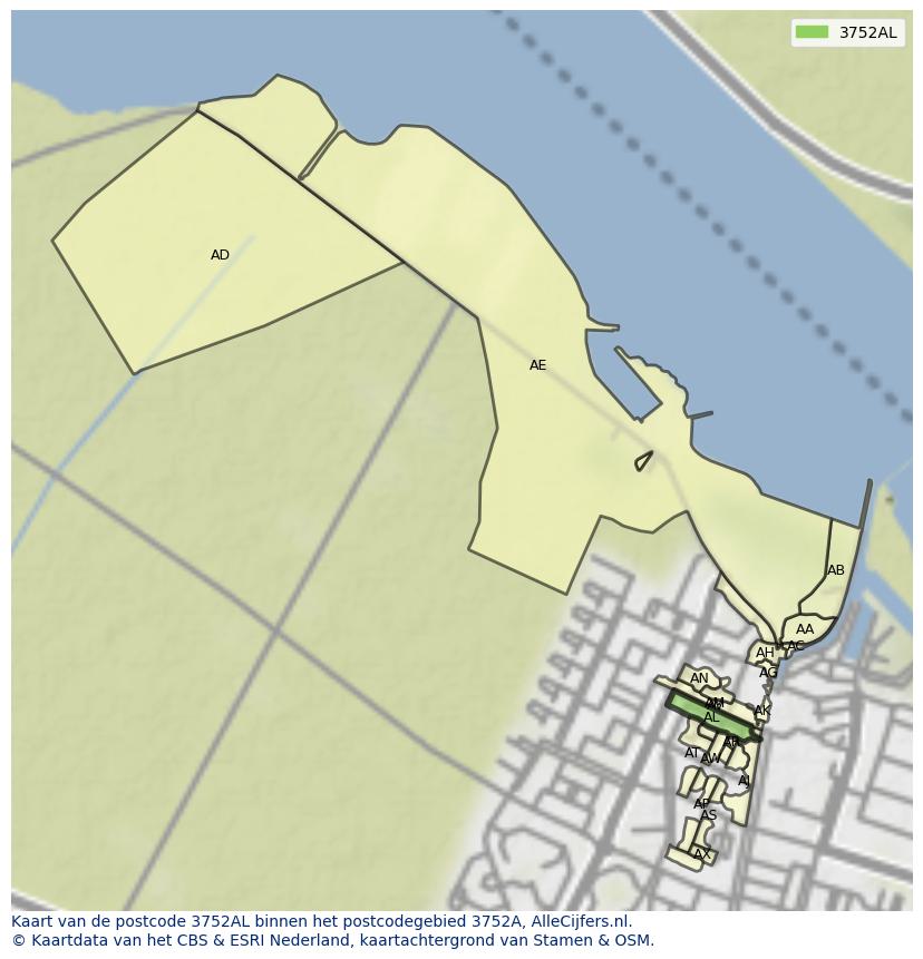 Afbeelding van het postcodegebied 3752 AL op de kaart.