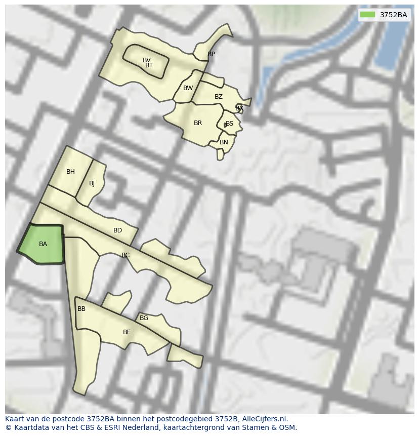 Afbeelding van het postcodegebied 3752 BA op de kaart.