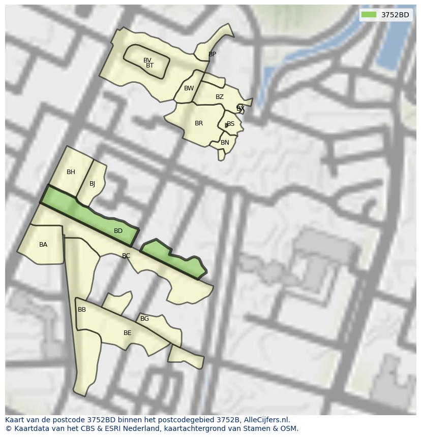 Afbeelding van het postcodegebied 3752 BD op de kaart.