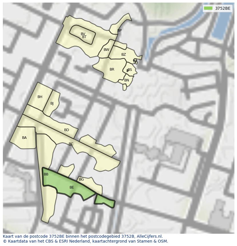 Afbeelding van het postcodegebied 3752 BE op de kaart.
