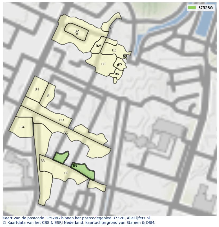 Afbeelding van het postcodegebied 3752 BG op de kaart.