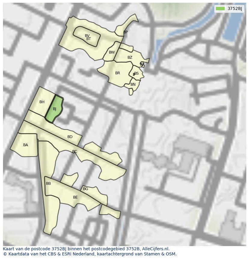 Afbeelding van het postcodegebied 3752 BJ op de kaart.