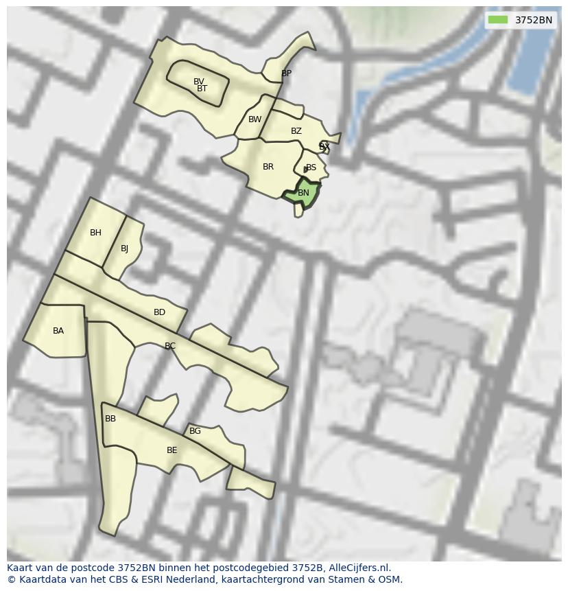 Afbeelding van het postcodegebied 3752 BN op de kaart.