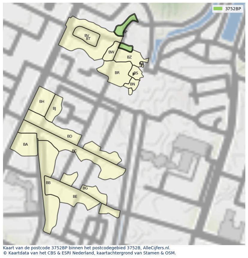 Afbeelding van het postcodegebied 3752 BP op de kaart.