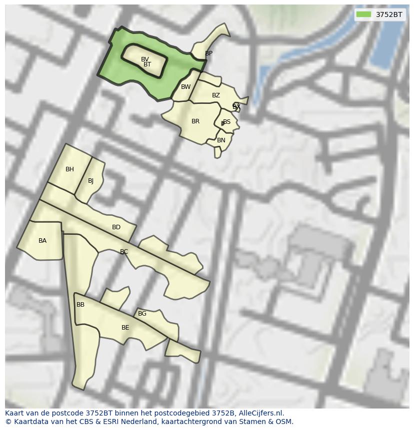 Afbeelding van het postcodegebied 3752 BT op de kaart.