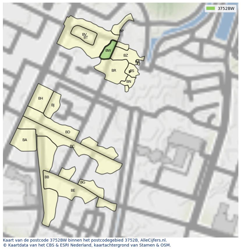 Afbeelding van het postcodegebied 3752 BW op de kaart.