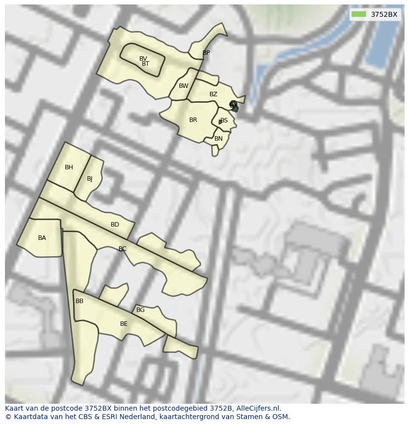 Afbeelding van het postcodegebied 3752 BX op de kaart.