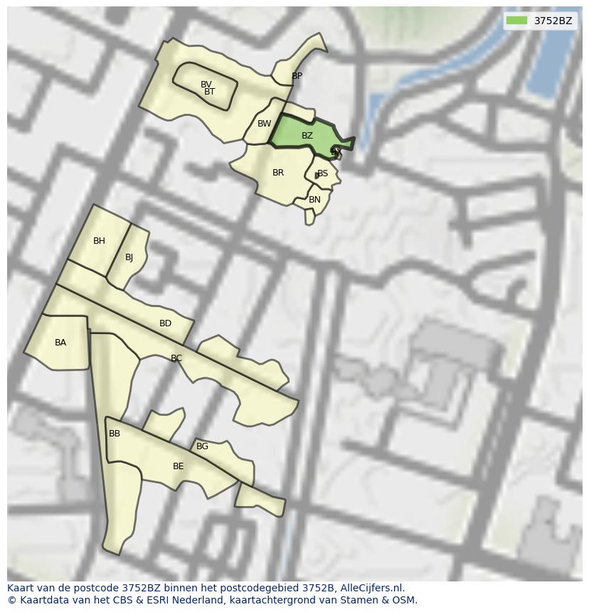 Afbeelding van het postcodegebied 3752 BZ op de kaart.