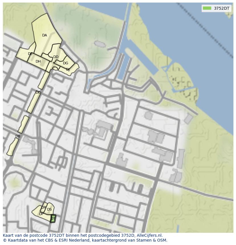 Afbeelding van het postcodegebied 3752 DT op de kaart.