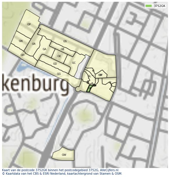 Afbeelding van het postcodegebied 3752 GK op de kaart.